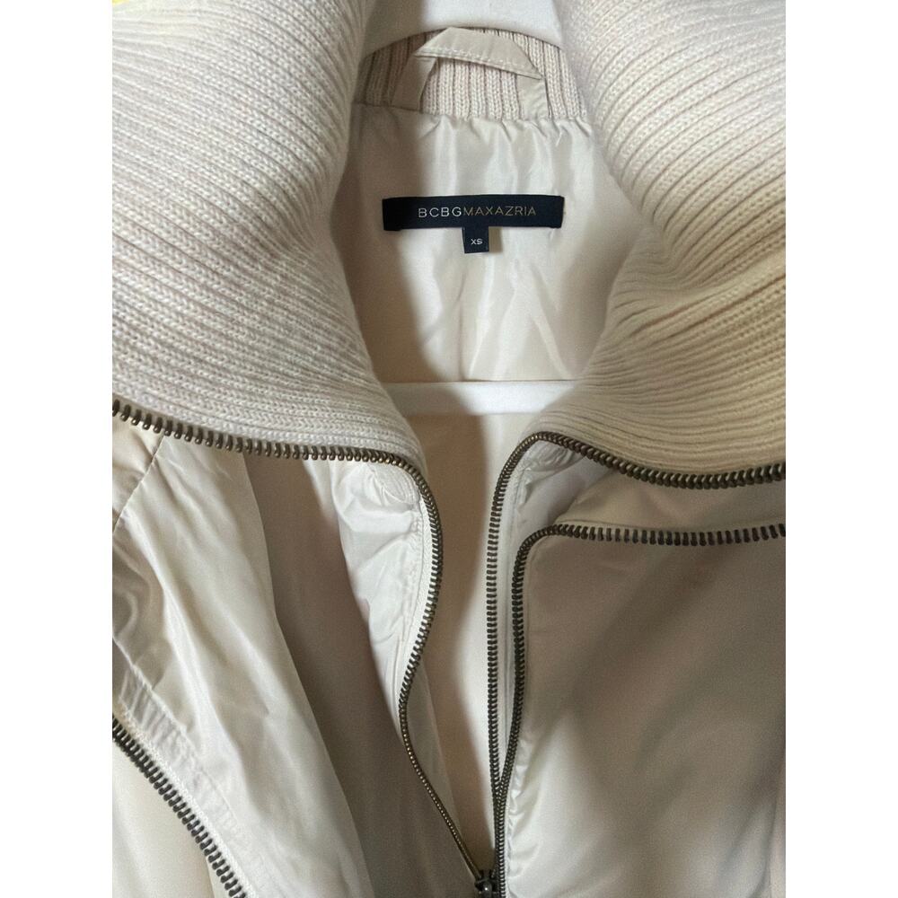0199 BCBGMaxAzria Ivory Long Puffer Coat XS Knit Collar Zip - Picture 2 of 9